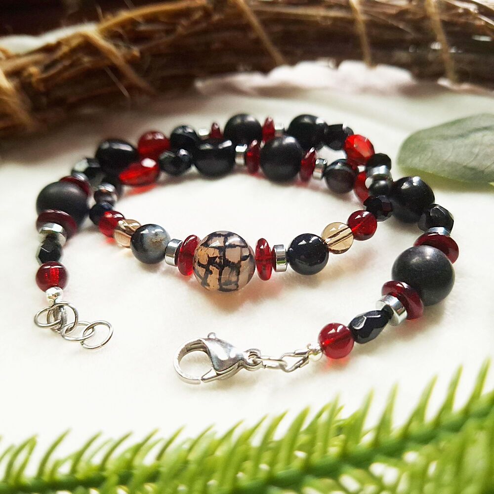 Whimsigoth Spiderweb Agate Choker Necklace, Black Onyx, Jasper, & Ruby Red Glass - Picture 9 of 12